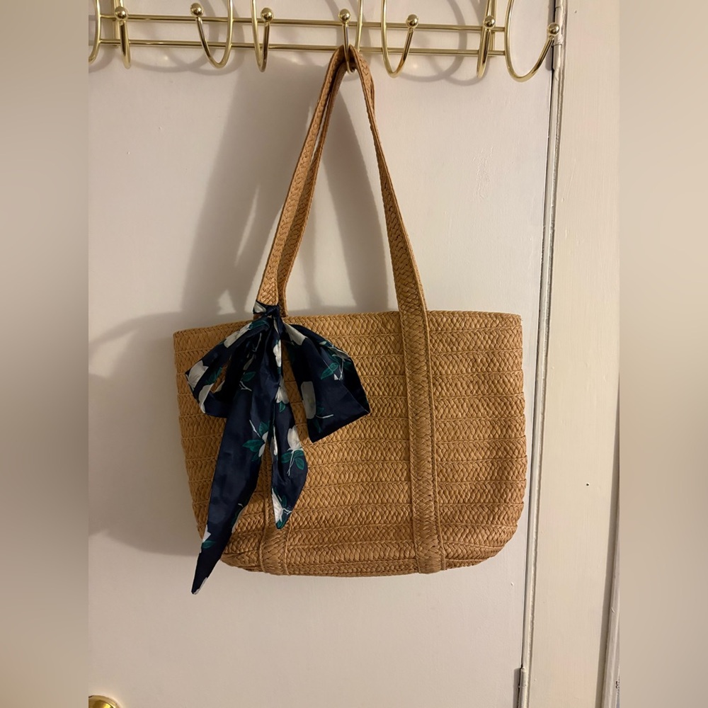 Draper James Tan Woven Tote with Navy Scarf